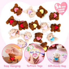 Valentine's Day Party Favors Bulk 24 Pack - Plush Teddy Bears Holding Hearts with Cards