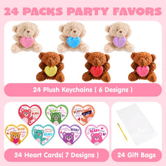 Valentine's Day Party Favors Bulk 24 Pack - Plush Teddy Bears Holding Hearts with Cards