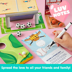 Valentine's Day Sports Party Favors for Kids - 28 Game Cards + 7 Mini Sports Ball Erasers (Football, Basketball, Soccer) | Class Prizes & Goodie Bag Stuffers