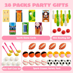 Valentine's Day Sports Party Favors for Kids - 28 Game Cards + 7 Mini Sports Ball Erasers (Football, Basketball, Soccer) | Class Prizes & Goodie Bag Stuffers