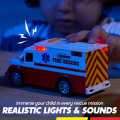 Vroomix 3 Pack Emergency & School Bus Toy Set - Friction Powered with Lights and Sounds, Educational Toy for Kids 3+