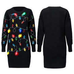 Women's Black Long Christmas Sweater Dress with Colorful Light-Up Bulbs