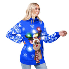 Women’s Christmas Reindeer Ugly Long Sweater LED Light Up Xmas Sweater