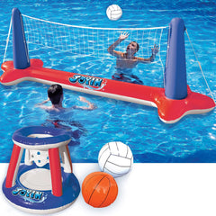 SLOOSH Inflatable Pool Float Set with Volleyball Net and Basketball Hoops, Red and Blue