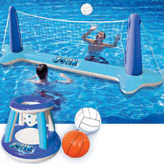 SLOOSH Inflatable Pool Float Set with Volleyball Net and Basketball Hoops, Blue