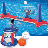 SLOOSH Inflatable Pool Float Set with Volleyball Net and Basketball Hoops, Red and Blue