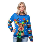 Adult Blue Reindeer Ugly Christmas Sweater with Light Bulbs