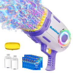 Play-Act 69 Holes Bubble Machine Guns Toys, Bazooka Rocket Shape Bubble Gun for Kids Adults, Colored Lights Blaster Blower with Solution,purple