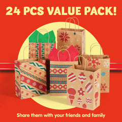 24 Pack Christmas Kraft Gift Bags with Assorted Holiday Prints