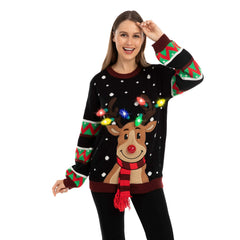 Black Reindeer Ugly Christmas Sweater with Light Bulbs