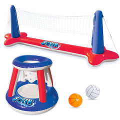 SLOOSH Inflatable Pool Float Set with Volleyball Net and Basketball Hoops, Red and Blue
