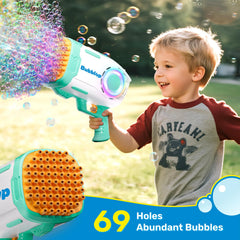 Play-Act 69-Hole Bubble Machine Gun Toy, Bazooka Rocket Shape Bubble Gun for Kids & Adults, Colored Lights Blaster with Solution