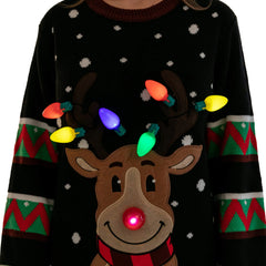 Black Reindeer Ugly Christmas Sweater with Light Bulbs