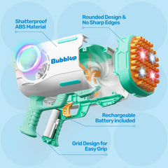 Play-Act 69-Hole Bubble Machine Gun Toy, Bazooka Rocket Shape Bubble Gun for Kids & Adults, Colored Lights Blaster with Solution
