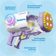 Play-Act 69 Holes Bubble Machine Guns Toys, Bazooka Rocket Shape Bubble Gun for Kids Adults, Colored Lights Blaster Blower with Solution,purple