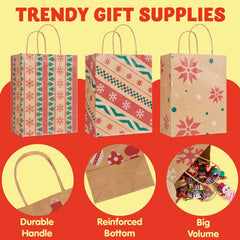 24 Pack Christmas Kraft Gift Bags with Assorted Holiday Prints