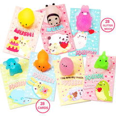 28 Glitter Mochi Squishy Toys with Valentine's Cards for Classroom Exchange
