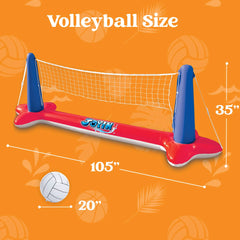 SLOOSH Inflatable Pool Float Set with Volleyball Net and Basketball Hoops, Red and Blue