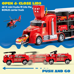 25-in-1 Fire Rescue Carrier Truck Toy Set with 12 Diecast Vehicles & 12 Figures
