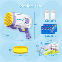 Play-Act 69 Holes Bubble Machine Guns Toys, Bazooka Rocket Shape Bubble Gun for Kids Adults, Colored Lights Blaster Blower with Solution,purple