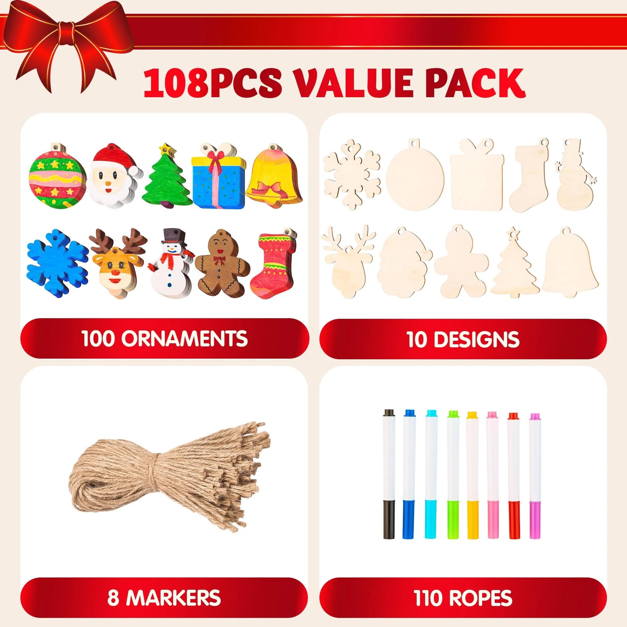 100 Pcs Christmas Wooden Hanging Ornaments with 8 Colored Pens