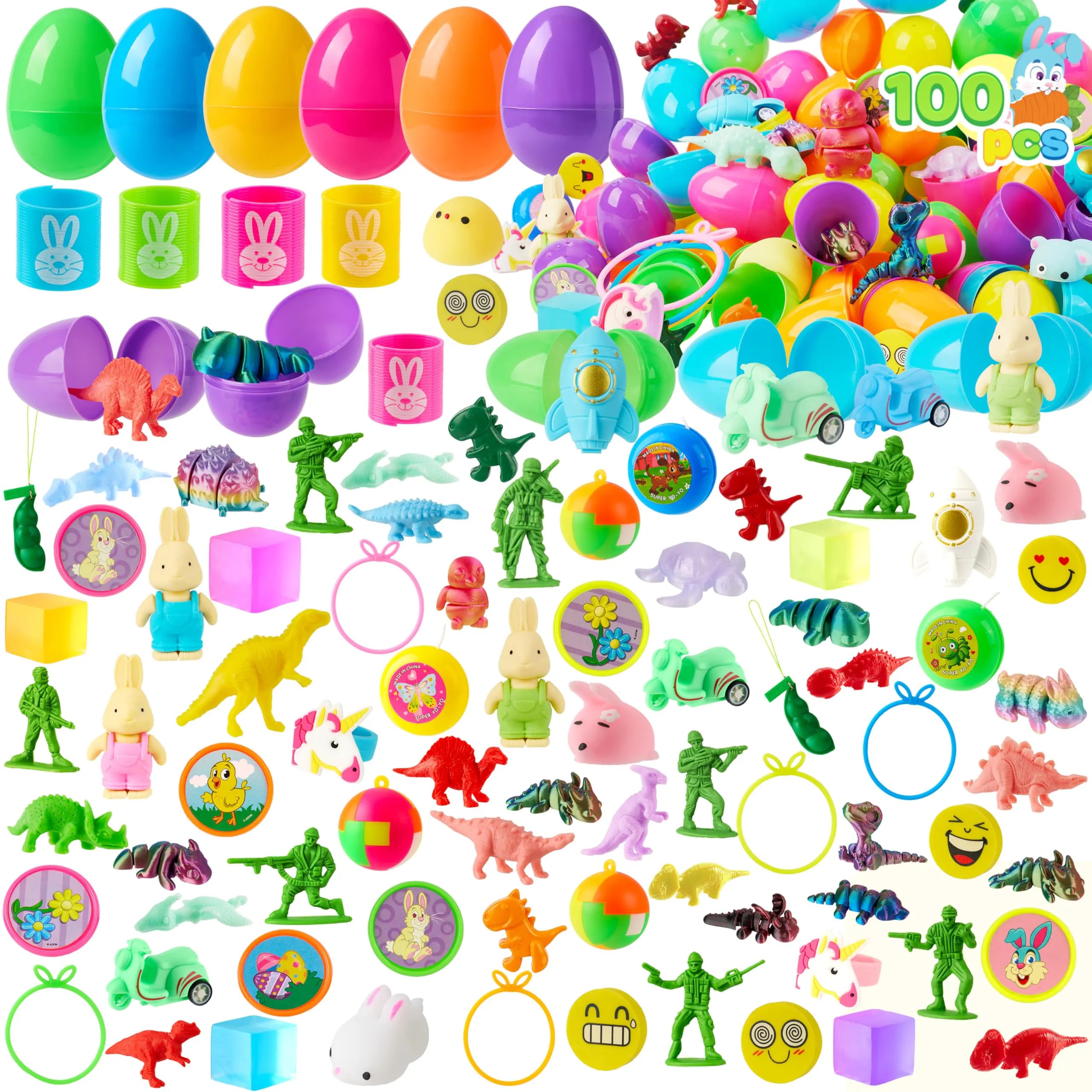 100 Prefilled Easter Eggs with Assorted Toys for Easter Egg Hunts, Basket Stuffers, and Classroom Prizes