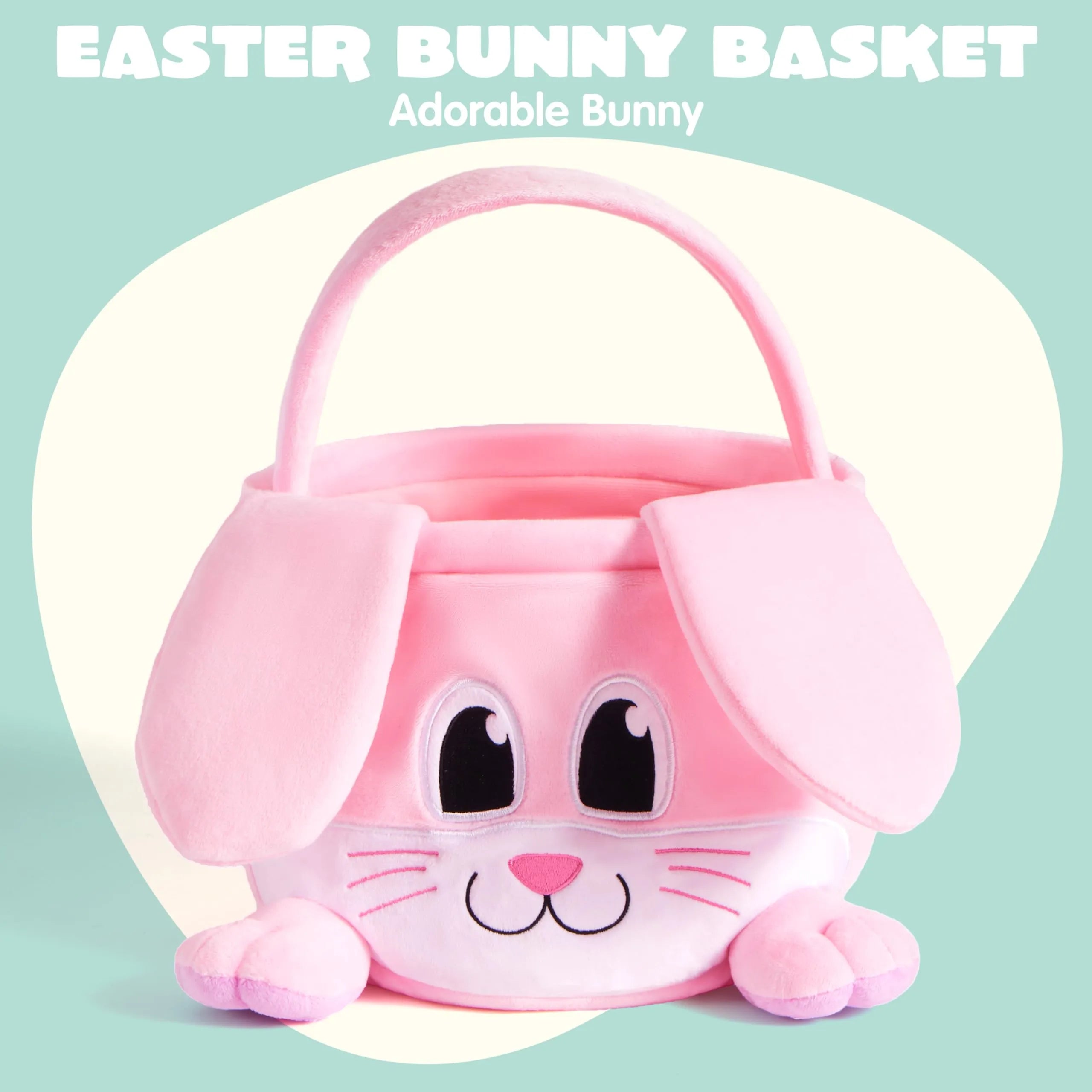 10x8 Inch Pink Rabbit Basket with Foldable Ears, Soft Empty Basket with Handle