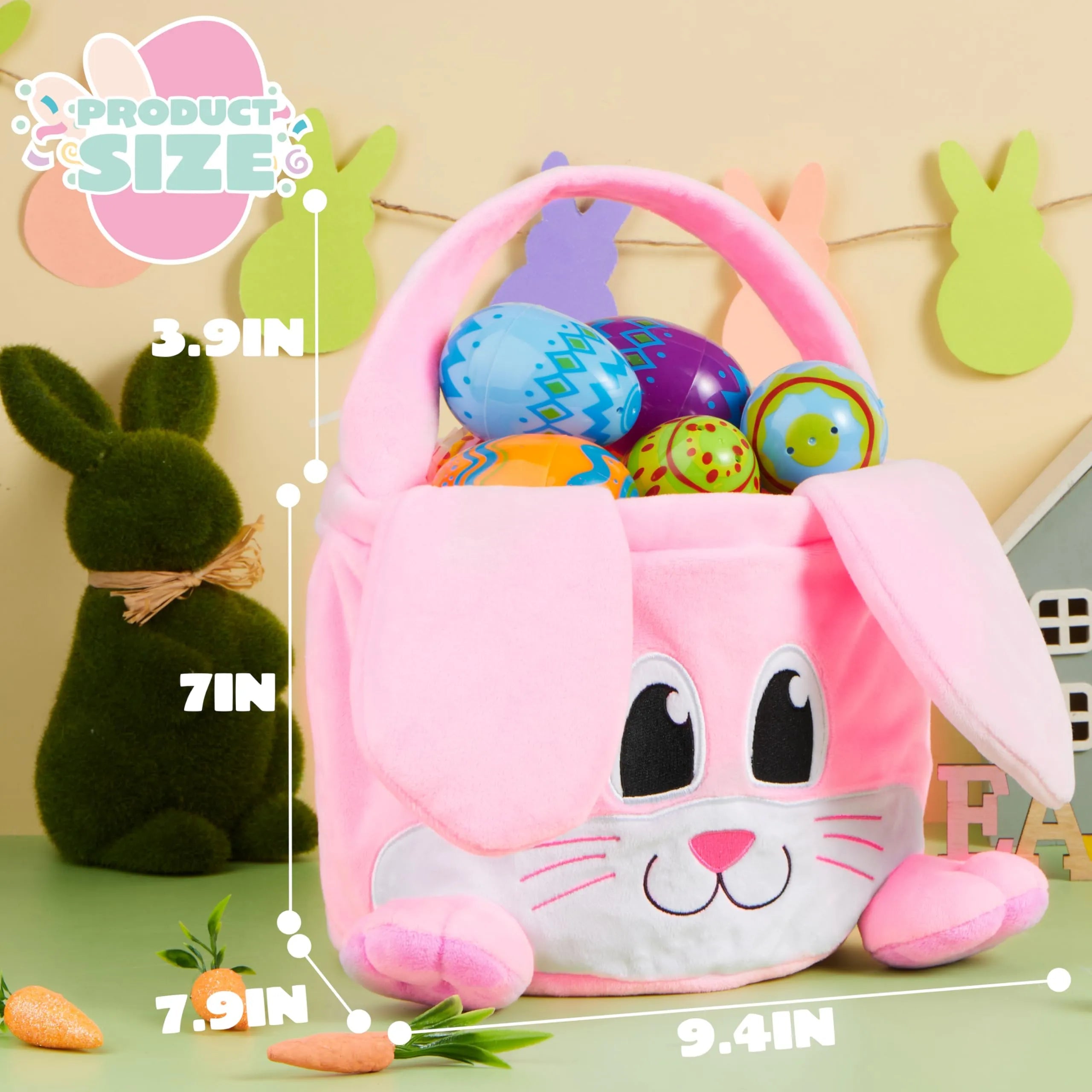 10x8 Inch Pink Rabbit Basket with Foldable Ears, Soft Empty Basket with Handle