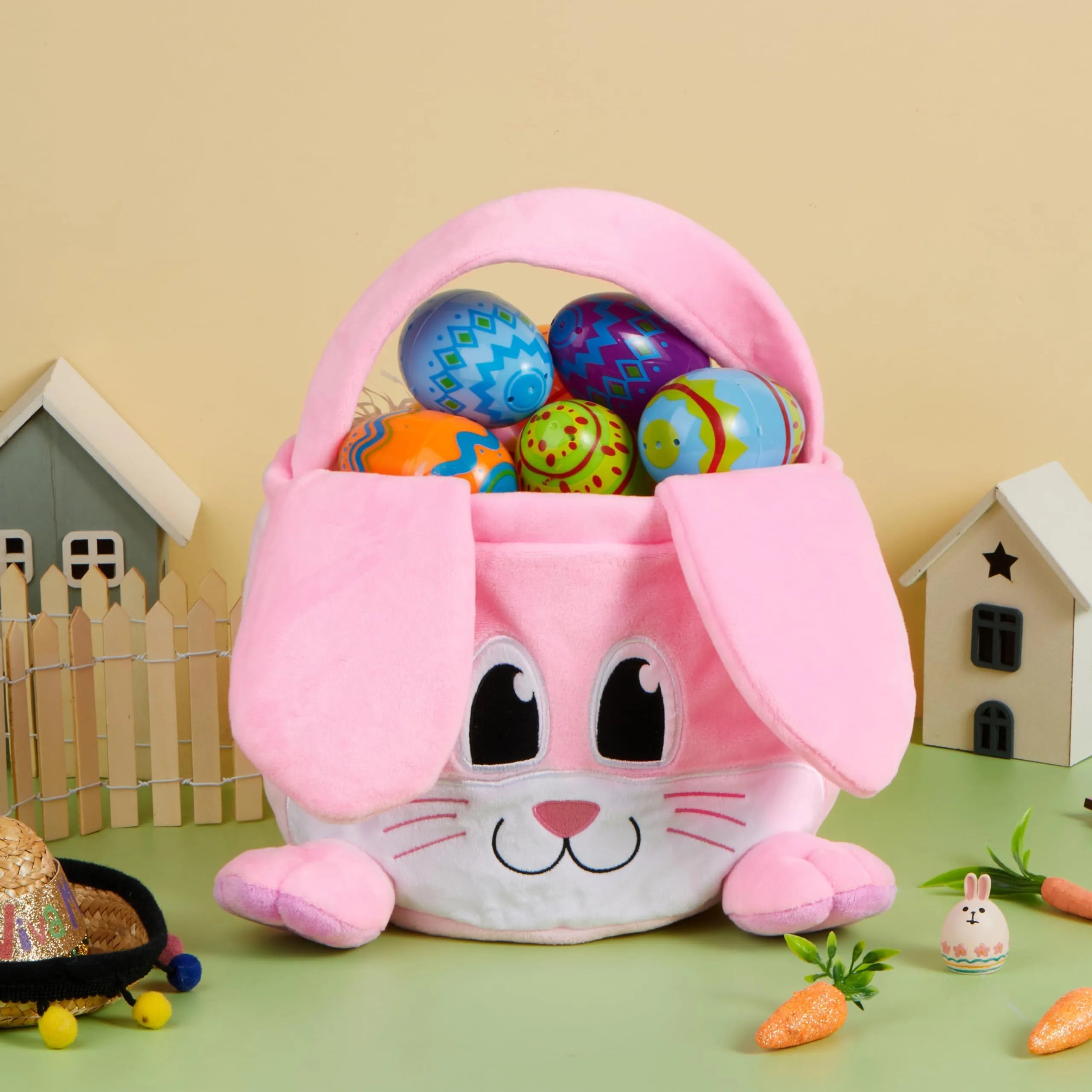 10x8 Inch Pink Rabbit Basket with Foldable Ears, Soft Empty Basket with Handle