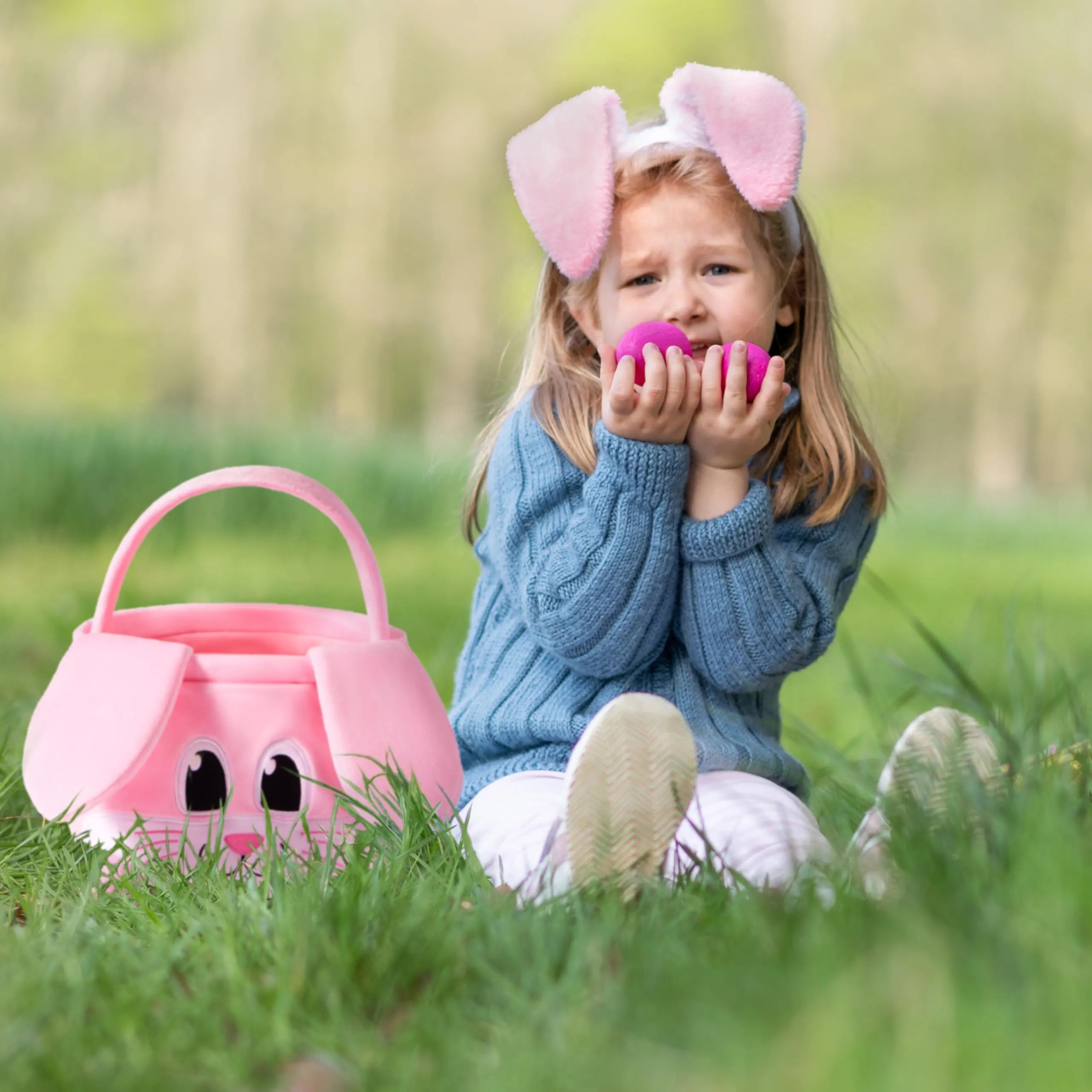 10x8 Inch Pink Rabbit Basket with Foldable Ears, Soft Empty Basket with Handle