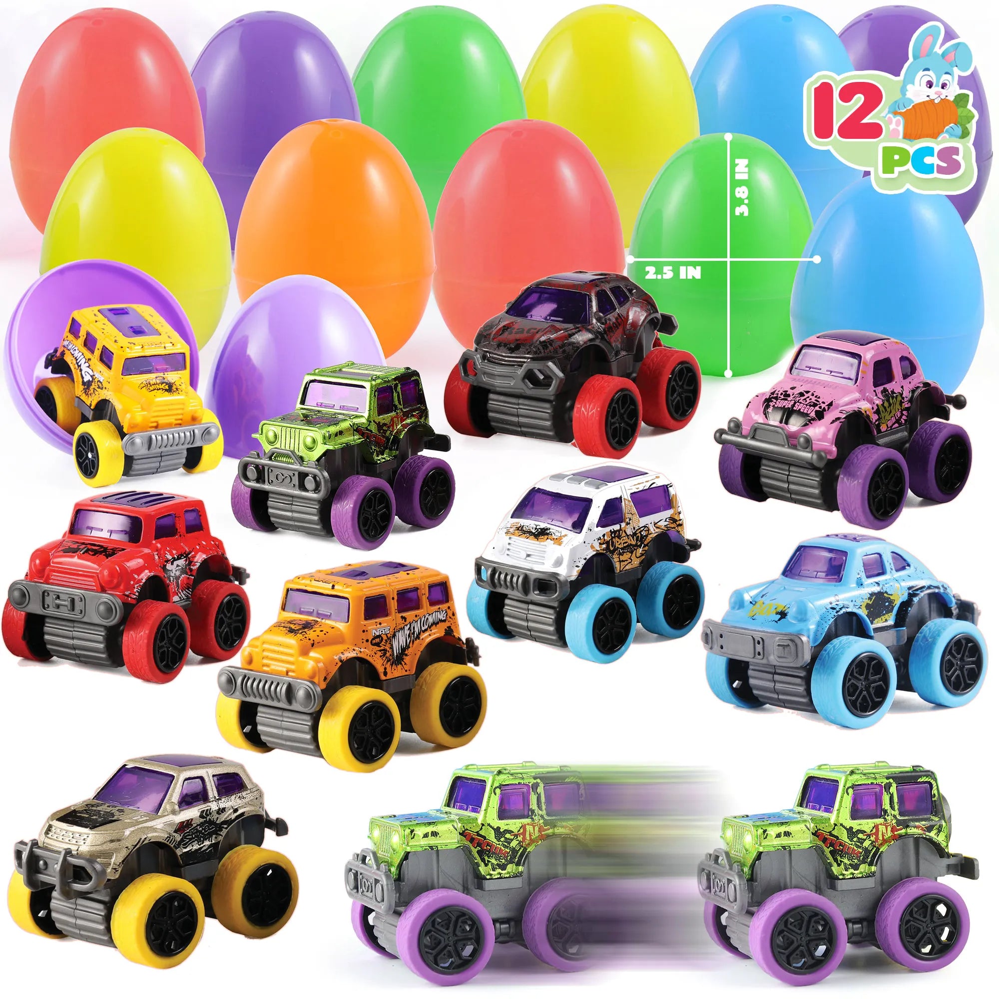 12-Pack 3.8-Inch Easter Eggs with Pull-Back Monster Cars & Trucks for Egg Hunts