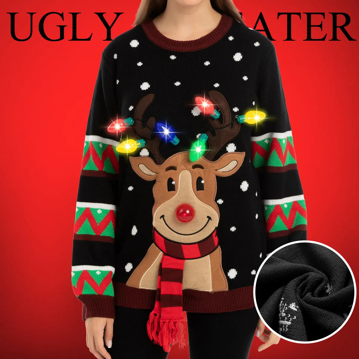 Black Reindeer Ugly Christmas Sweater with Light Bulbs