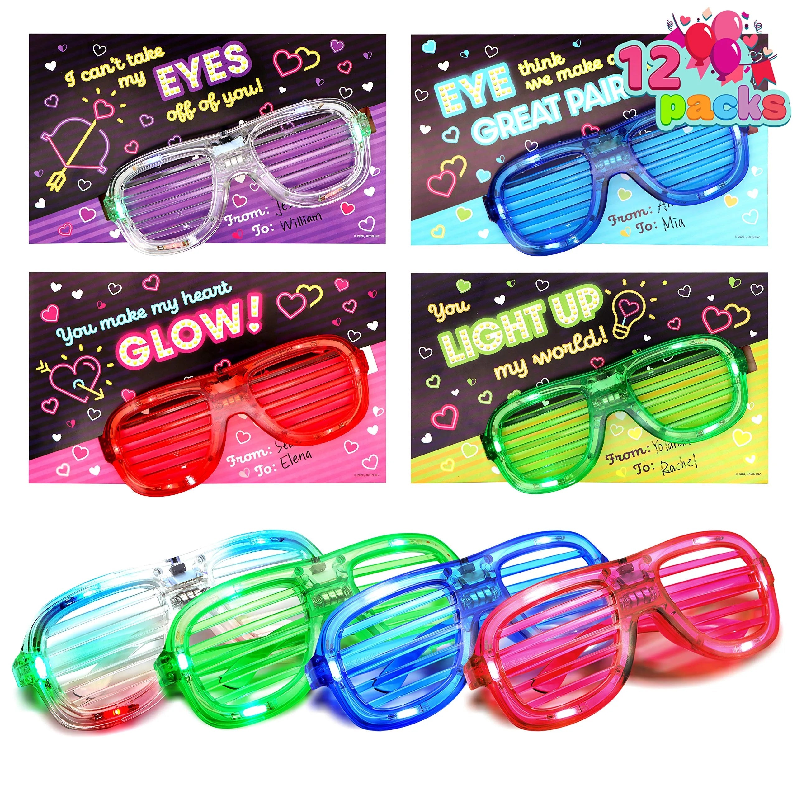 12-Pack LED Glasses with Valentine's Day Cards for Kids Classroom Exchange Gifts