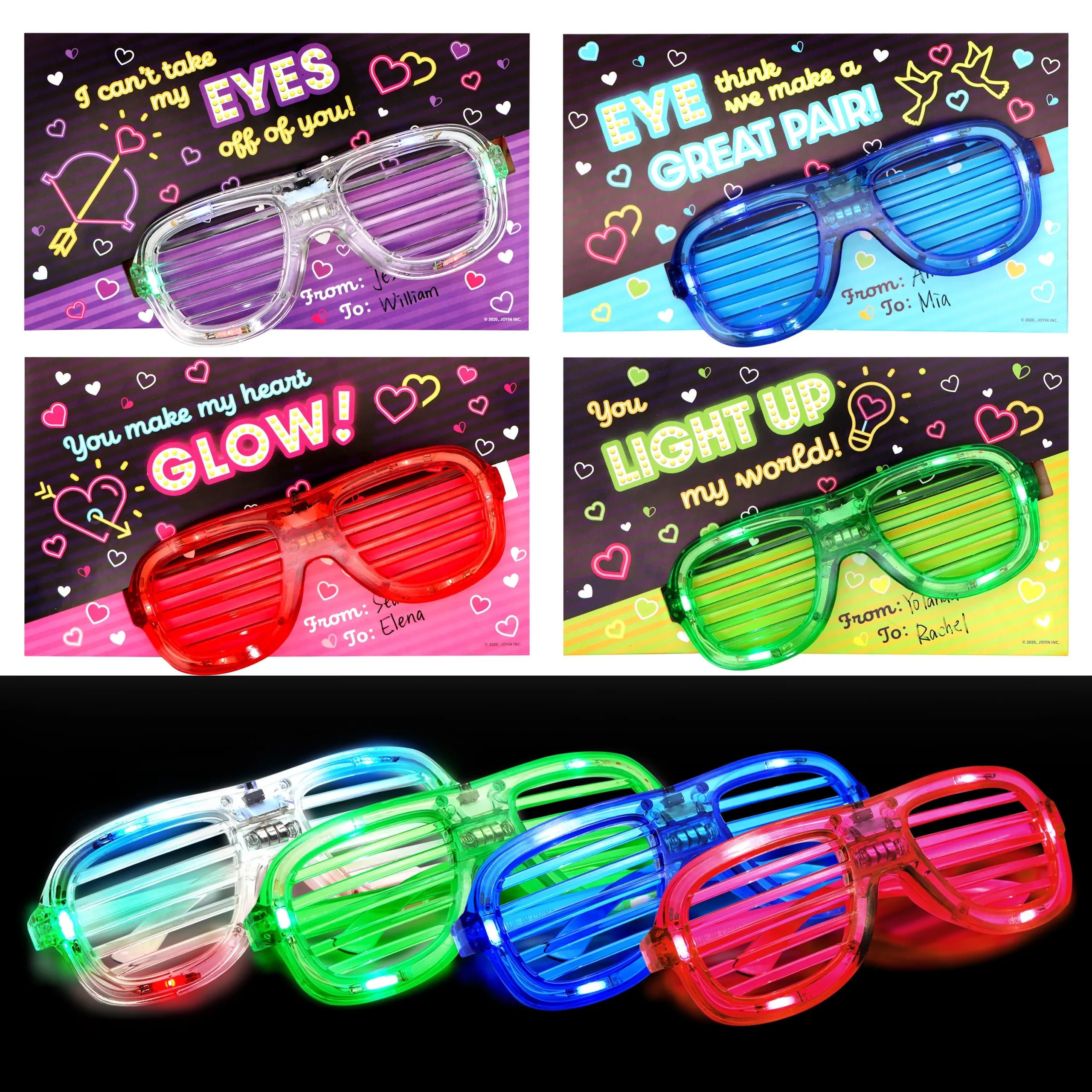 12-Pack LED Glasses with Valentine's Day Cards for Kids Classroom Exchange Gifts