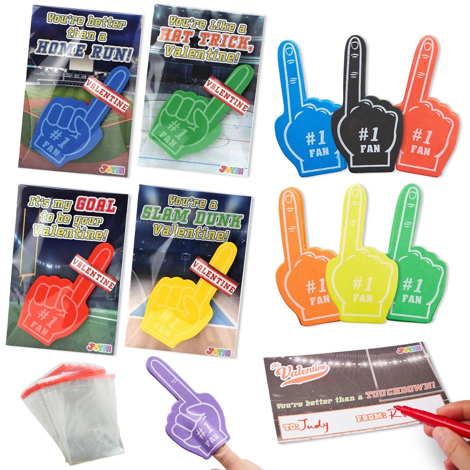 28 Foam Fingers with Valentine's Day Cards for Classroom Exchange