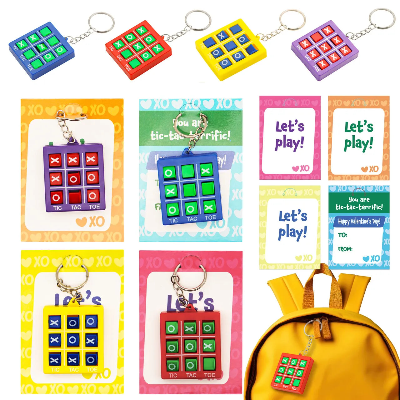 28-Piece Tic-Tac-Toe Keychain Gifts with Valentine's Cards for Classroom Exchange