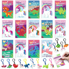 28-Piece Unicorn and Dinosaur Keychain Set with Valentine's Day Cards for Kids