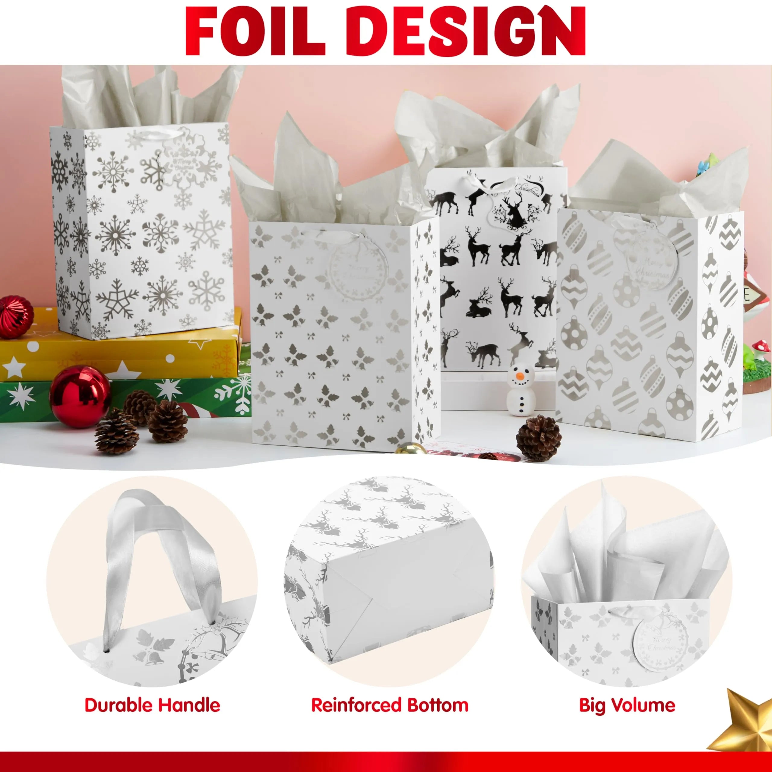 12 Pack Christmas Holiday Foil Gift Bags - Silver, 8 x 4.5 x 10.5 Inches