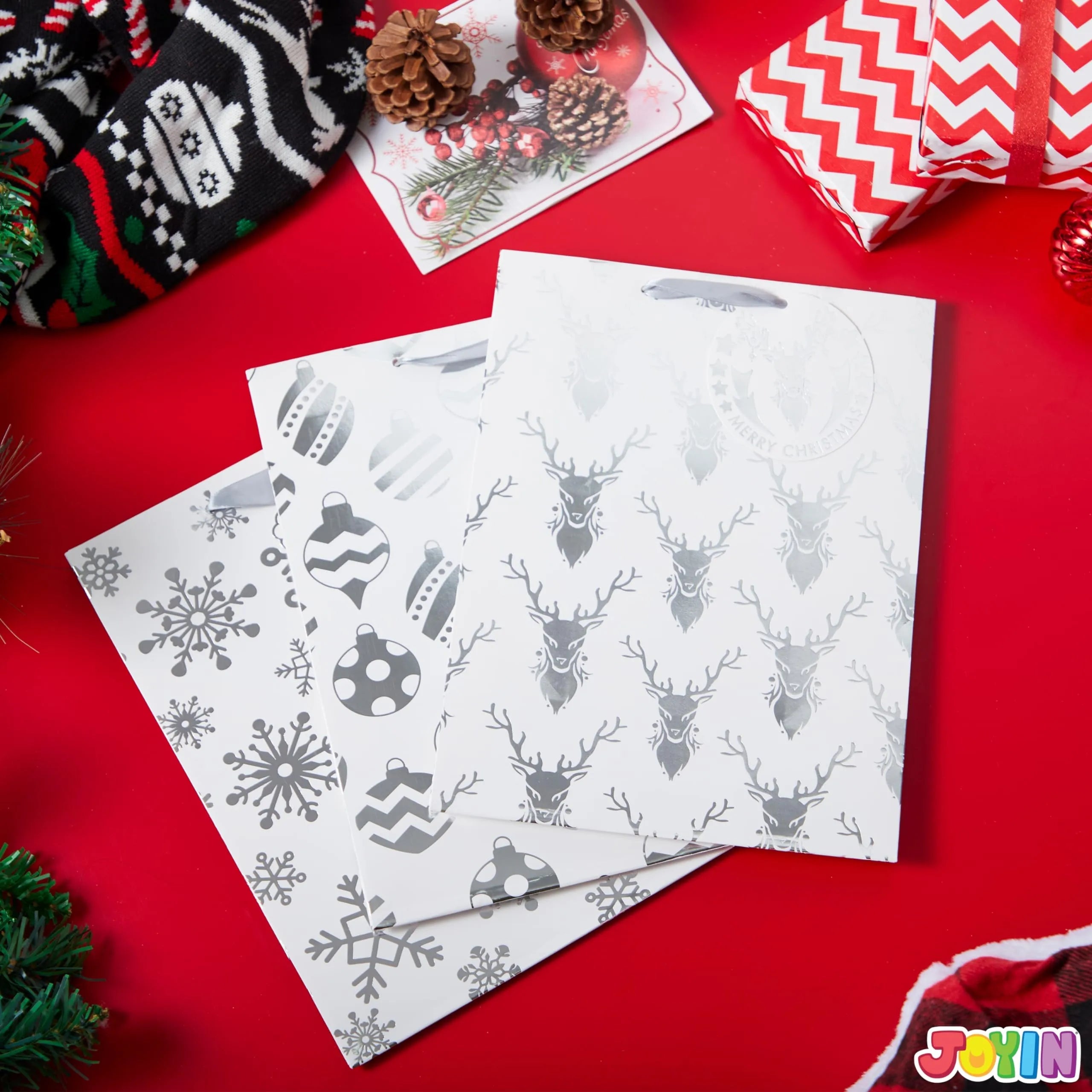 12 Pack Christmas Holiday Foil Gift Bags - Silver, 8 x 4.5 x 10.5 Inches