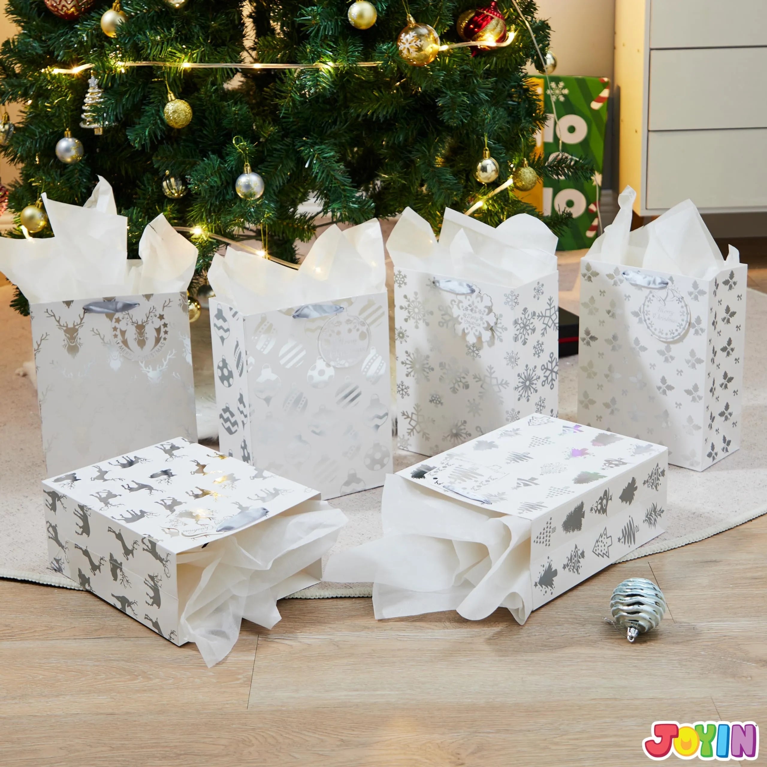 12 Pack Christmas Holiday Foil Gift Bags - Silver, 8 x 4.5 x 10.5 Inches
