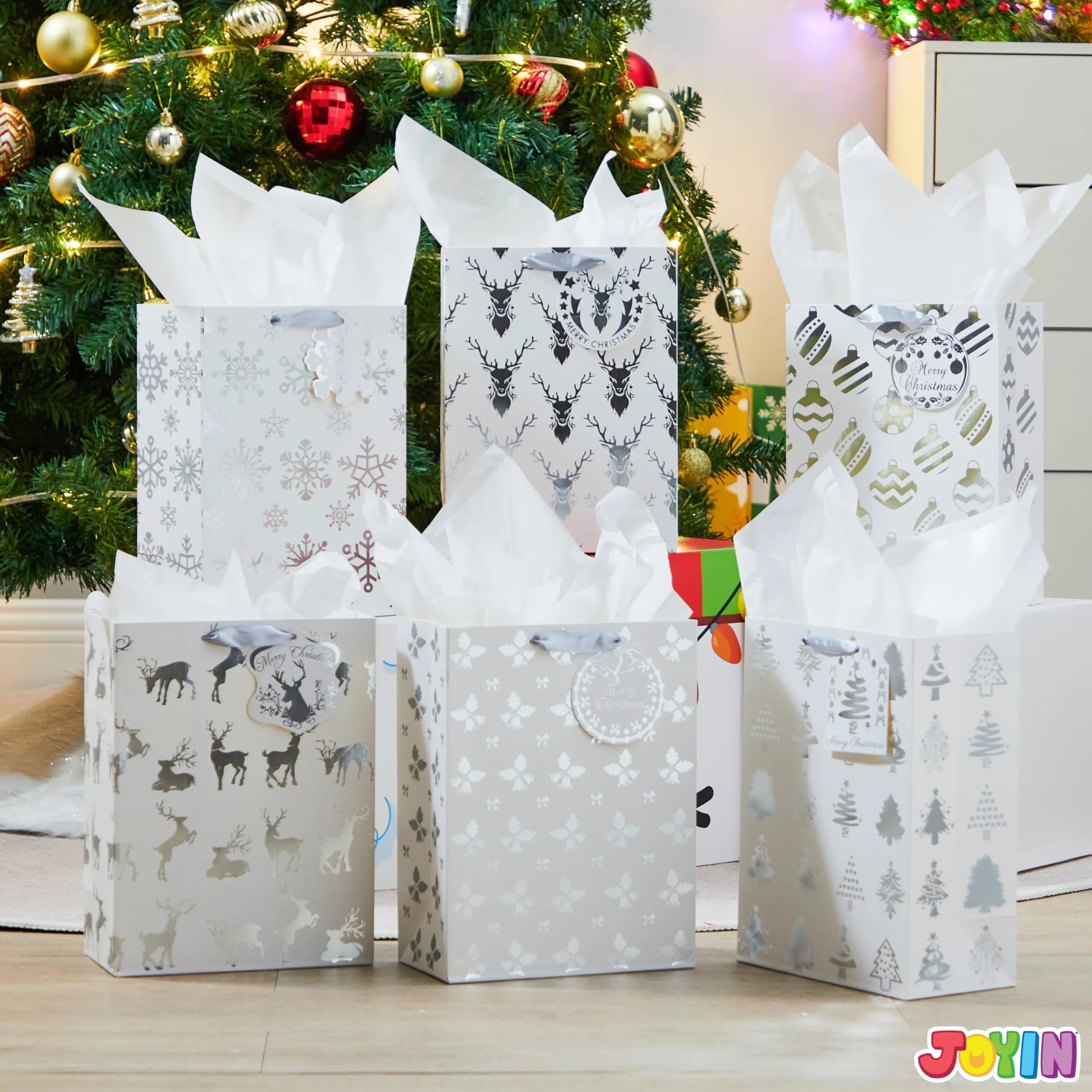 12 Pack Christmas Holiday Foil Gift Bags - Silver, 8 x 4.5 x 10.5 Inches