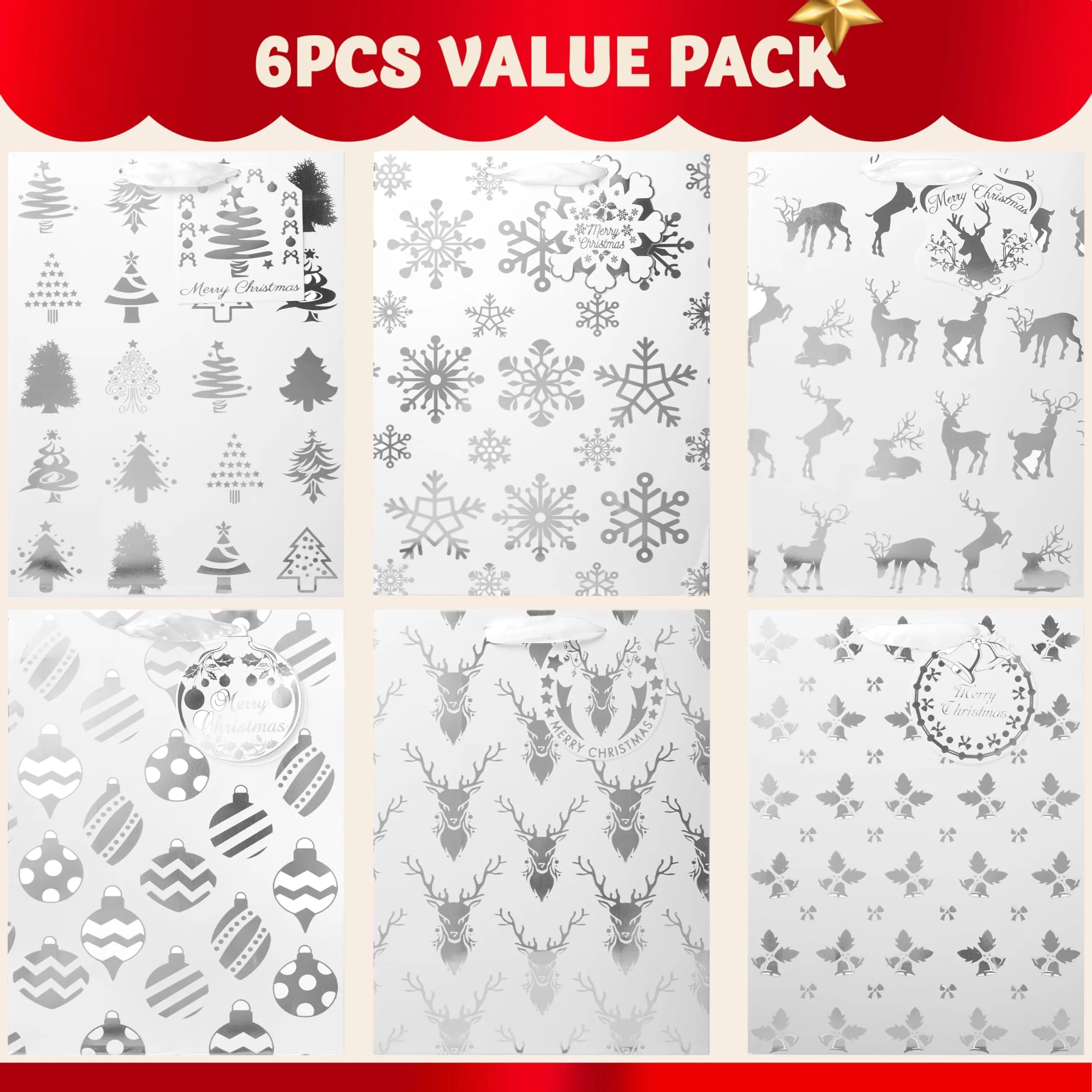 12 Pack Christmas Holiday Foil Gift Bags - Silver, 8 x 4.5 x 10.5 Inches