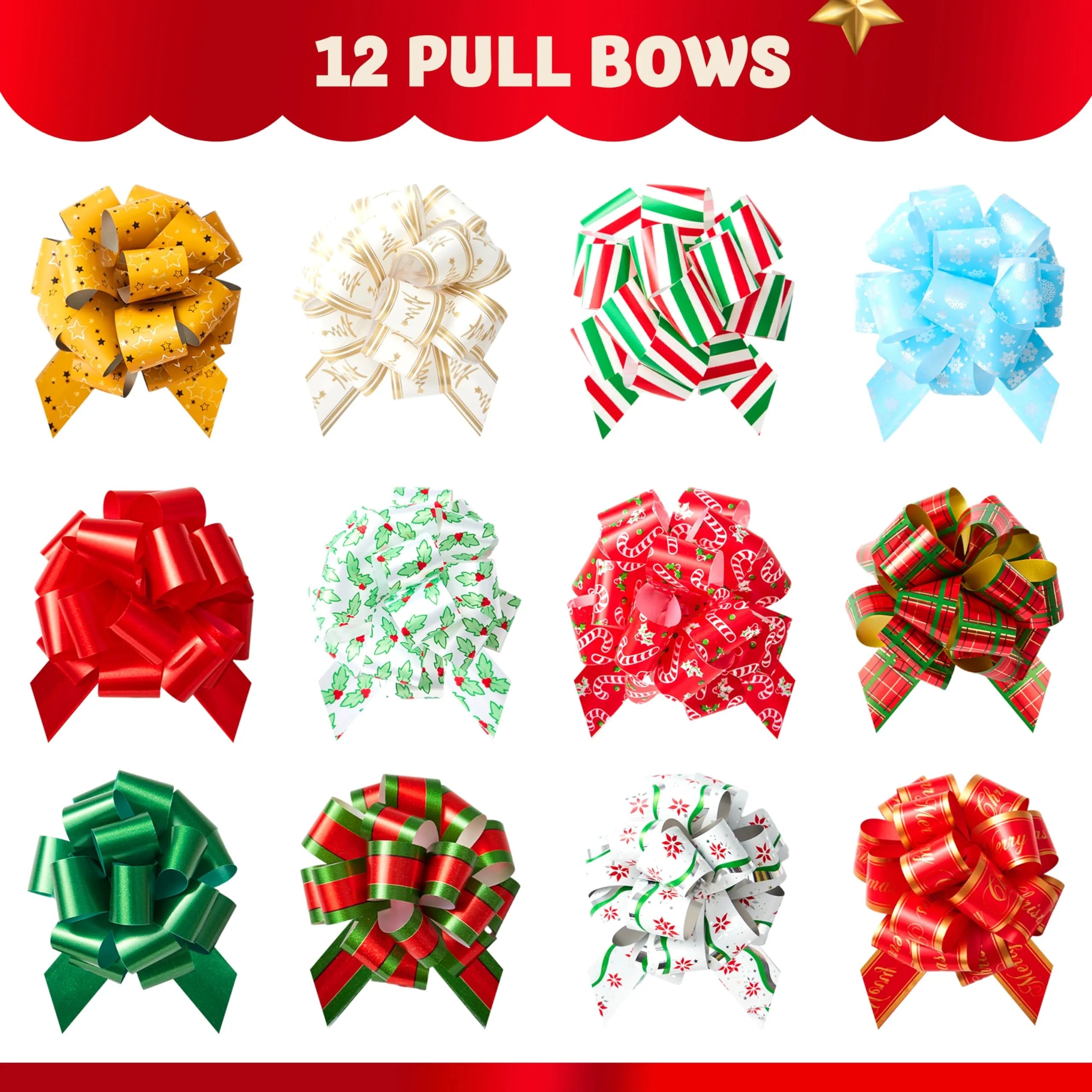12 PCS Christmas Pull Bows with Ribbon, 5 Inches Wide