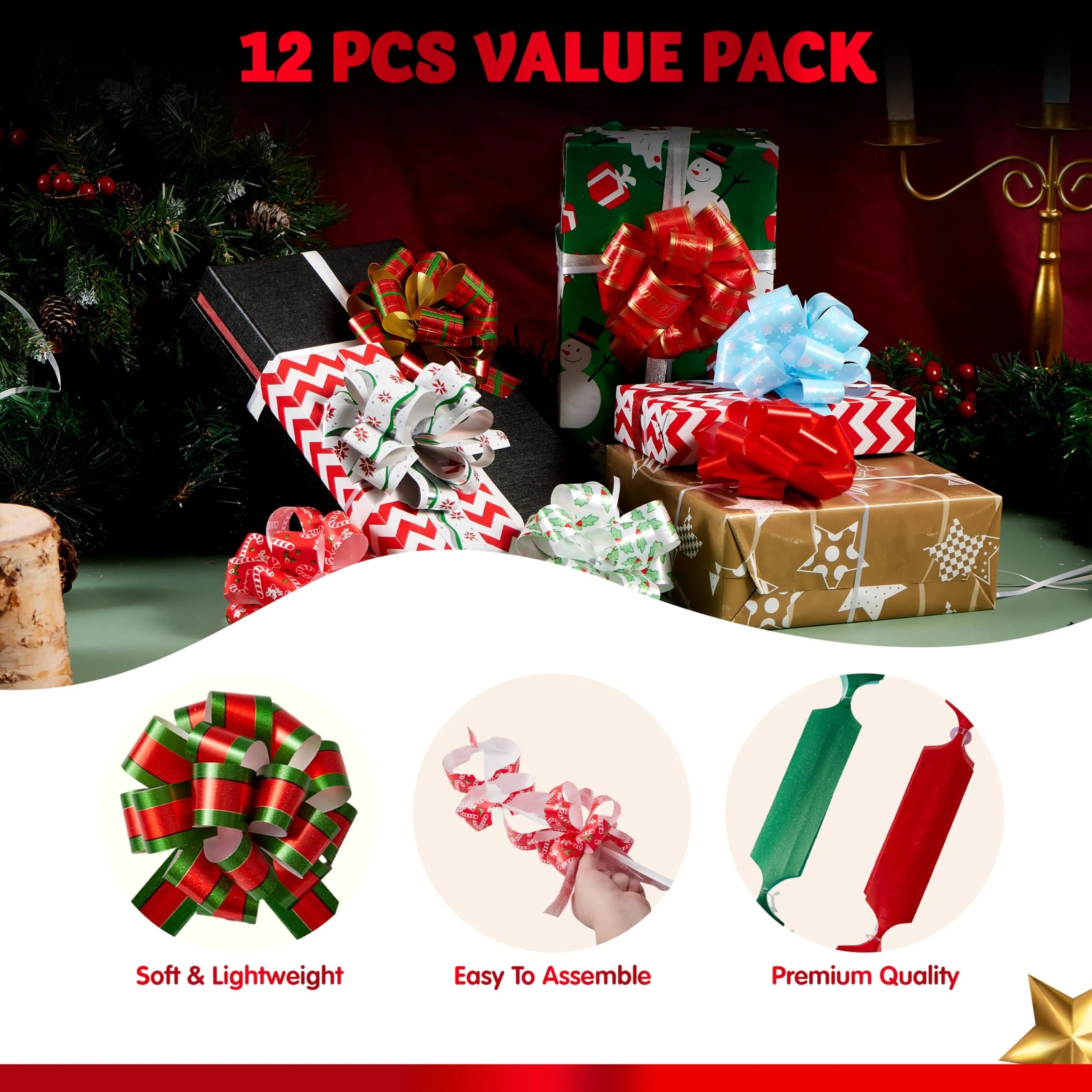 12 PCS Christmas Pull Bows with Ribbon, 5 Inches Wide