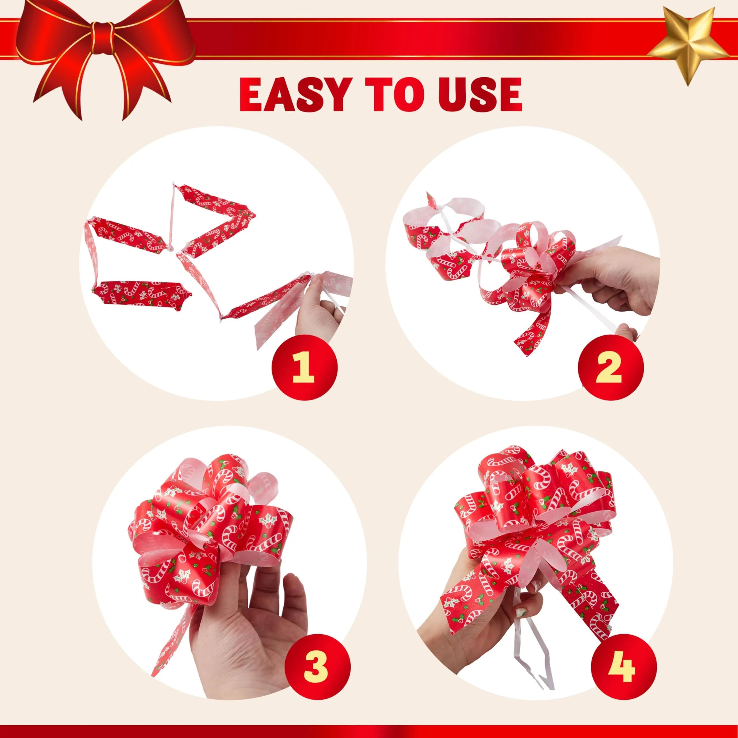 12 PCS Christmas Pull Bows with Ribbon, 5 Inches Wide