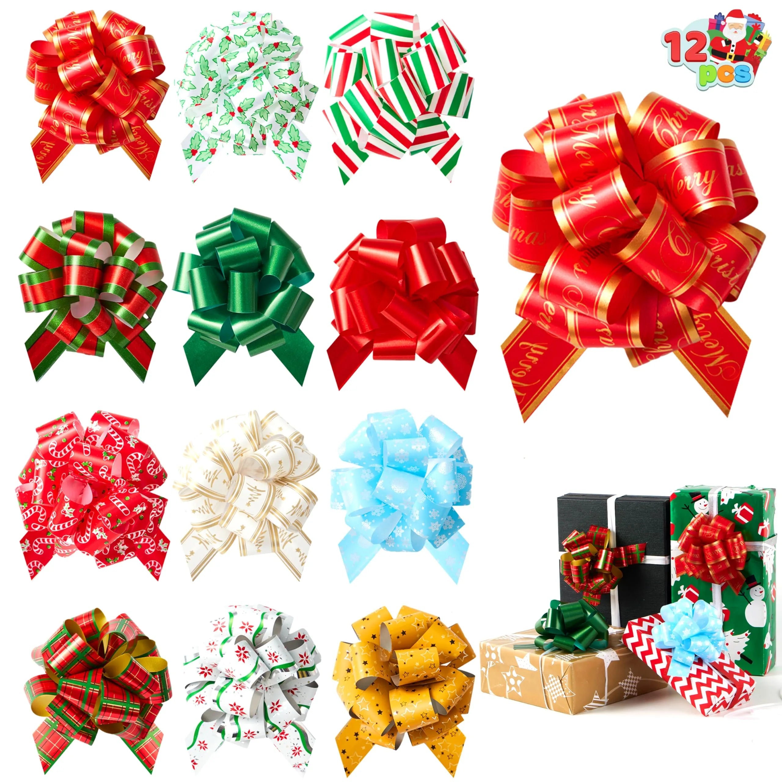 12 PCS Christmas Pull Bows with Ribbon, 5 Inches Wide