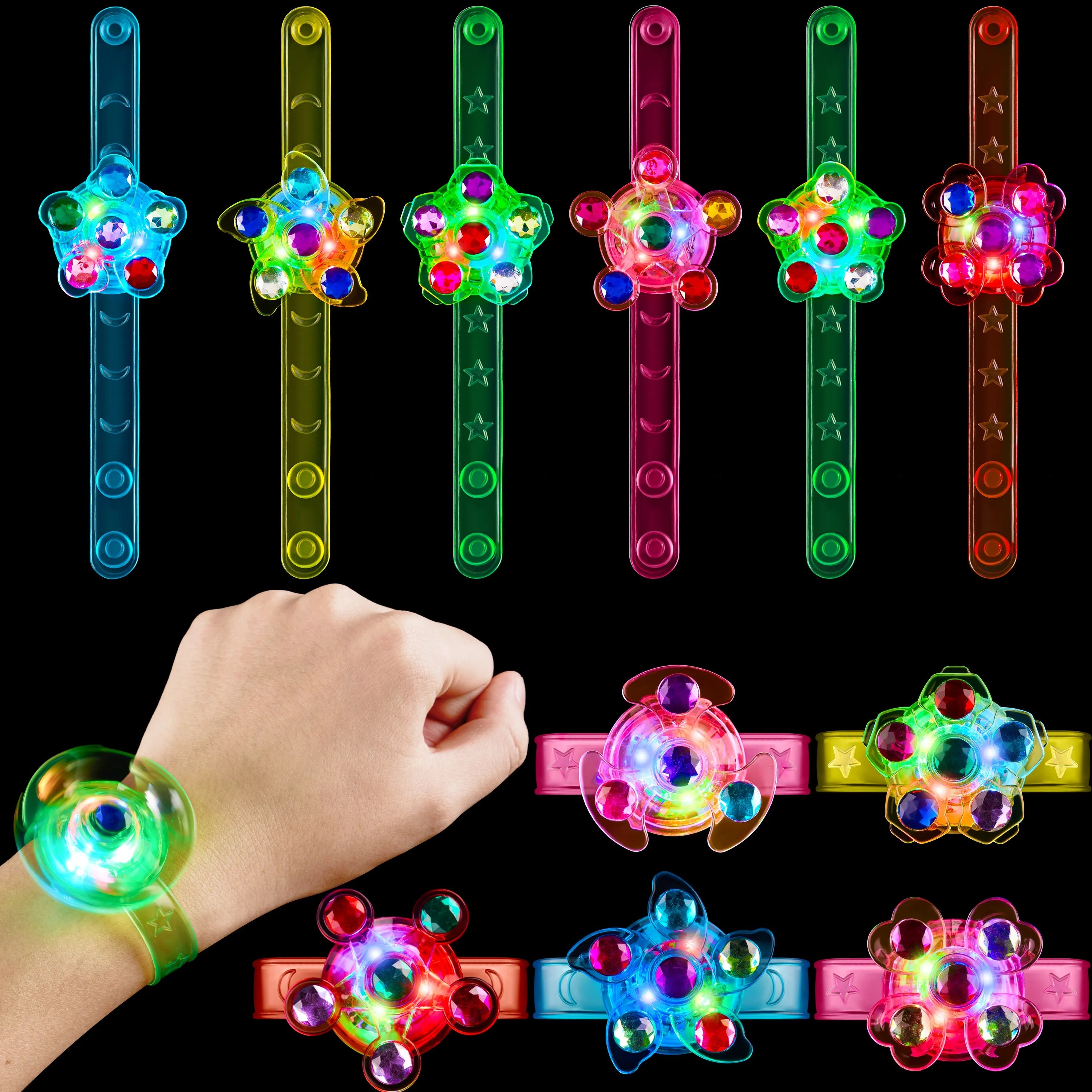 12 Pack LED Light Up Spinner Bracelets - Glow in the Dark Fidget Party Favors