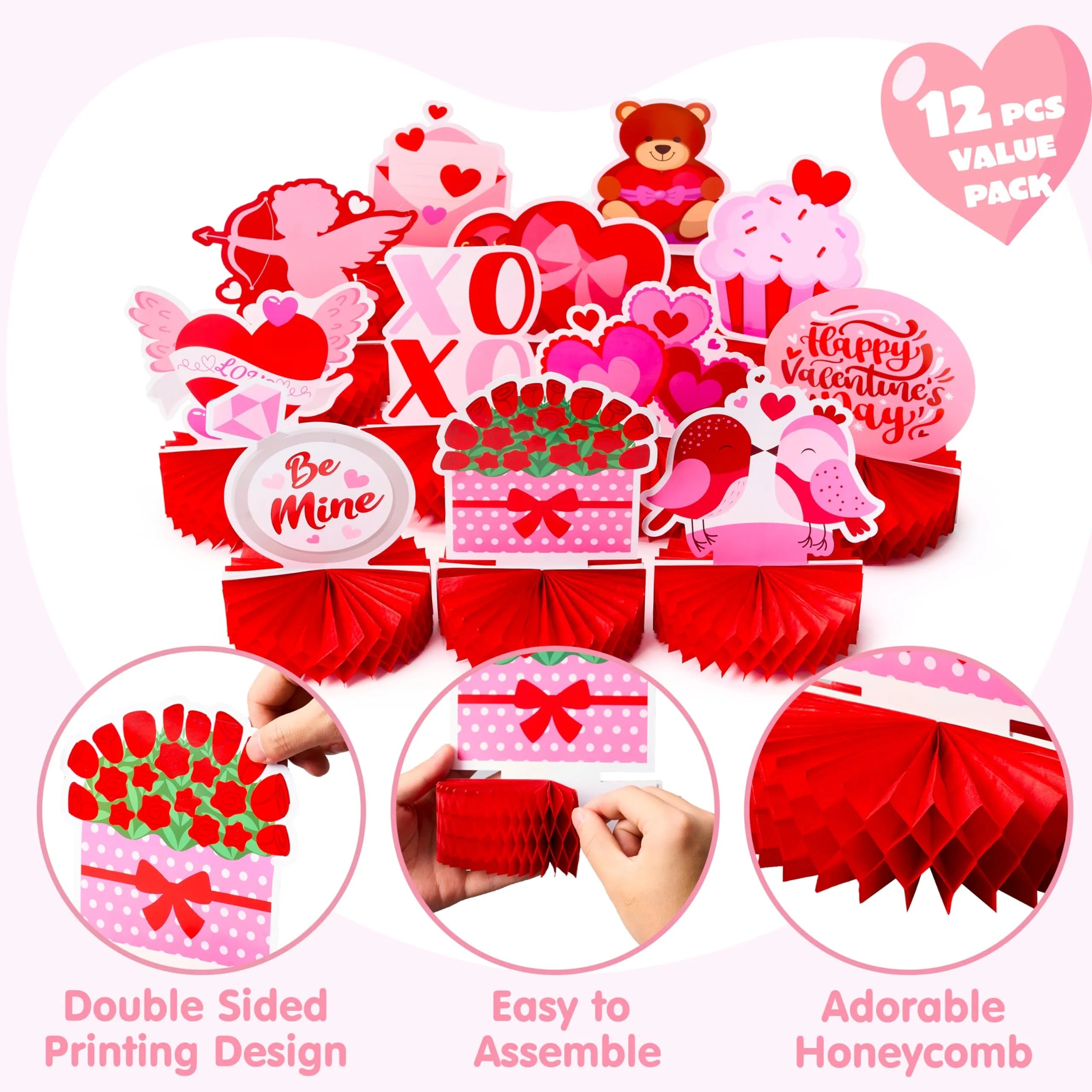 12 Pack Valentine's Day Honeycomb Centerpieces for Table Decor