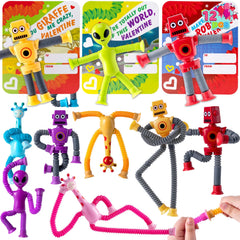12-Pack Valentine's Day Telescopic Suction Pop Tubes with Cards - Kids Toys Party Favors