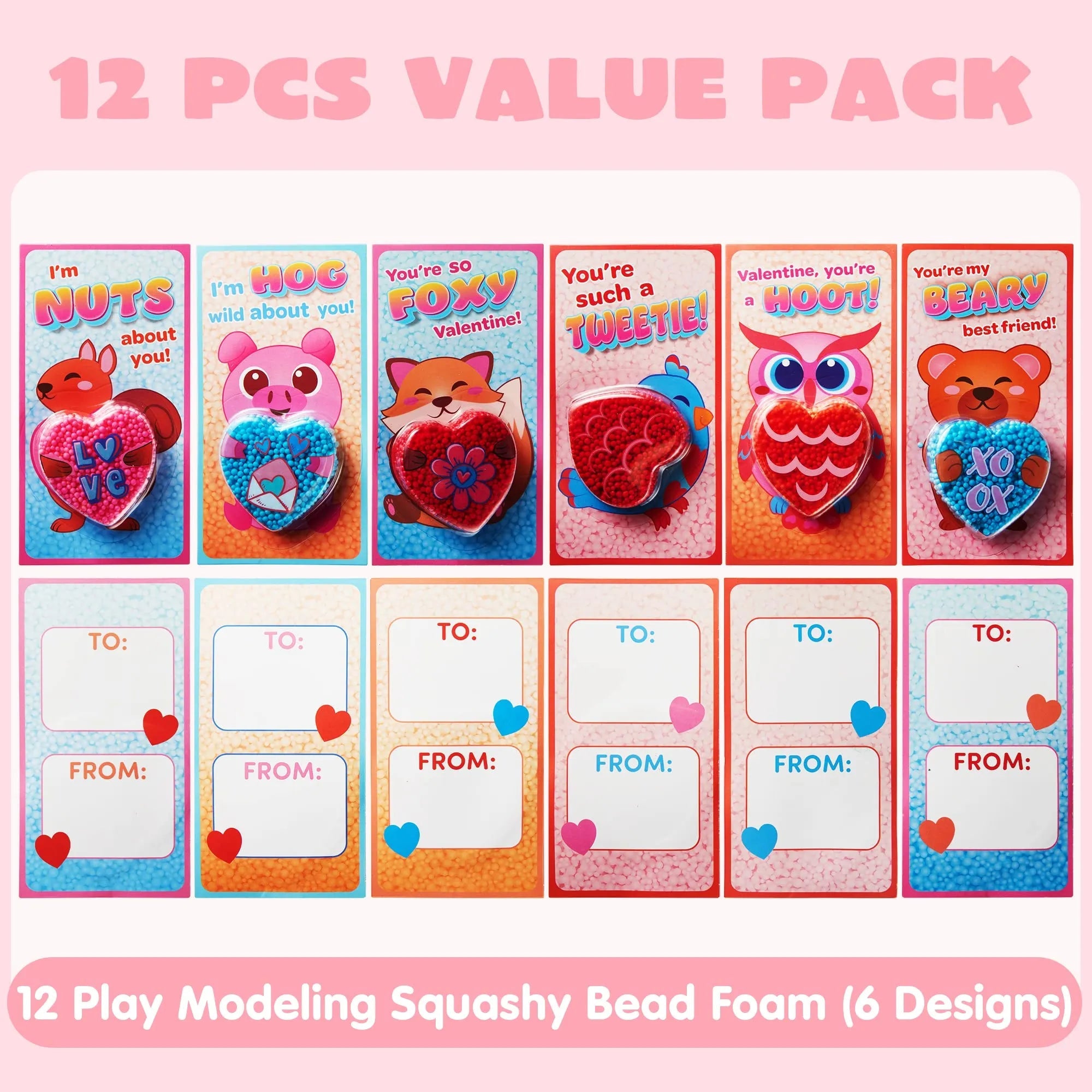 12-Pack Play Foam Animal Shapes with Valentine's Day Cards for Kids - Classroom Exchange Gifts